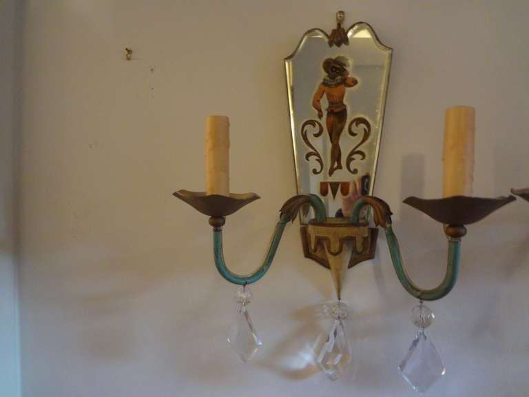 Pair of French Tole, Églomisé and Crystal Sconces In Good Condition In Houston, TX