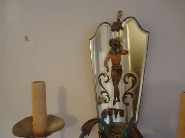 20th Century Pair of French Tole, Églomisé and Crystal Sconces