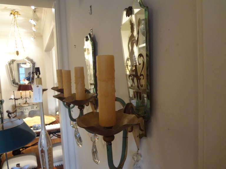 Pair of French Tole, Églomisé and Crystal Sconces 3