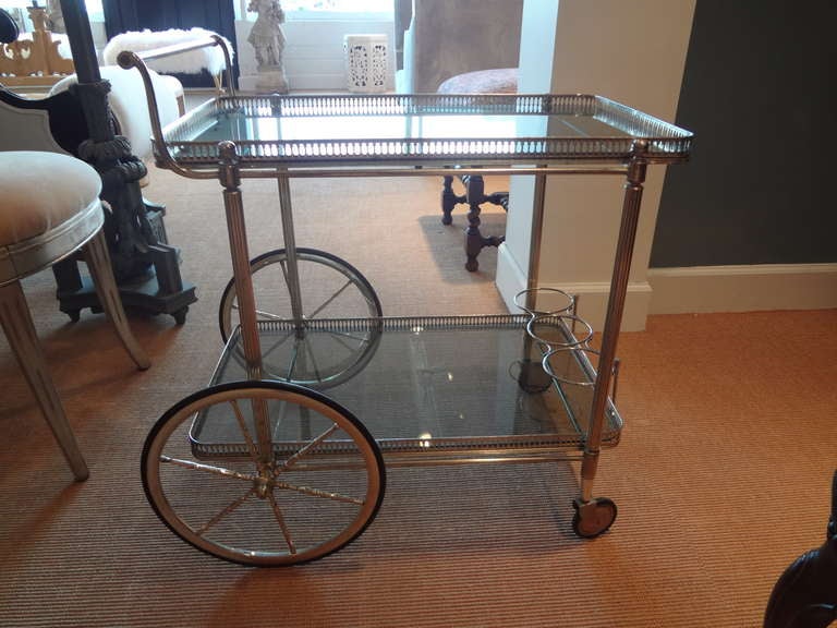 Chic French Silver Plated Bar Cart With Glass Shelves From The 1940's