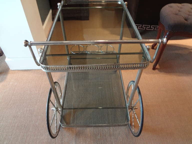 French Silver Plated Bar Cart with Glass Shelves In Excellent Condition In Houston, TX