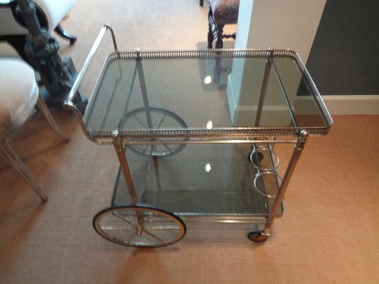 Metal French Silver Plated Bar Cart with Glass Shelves