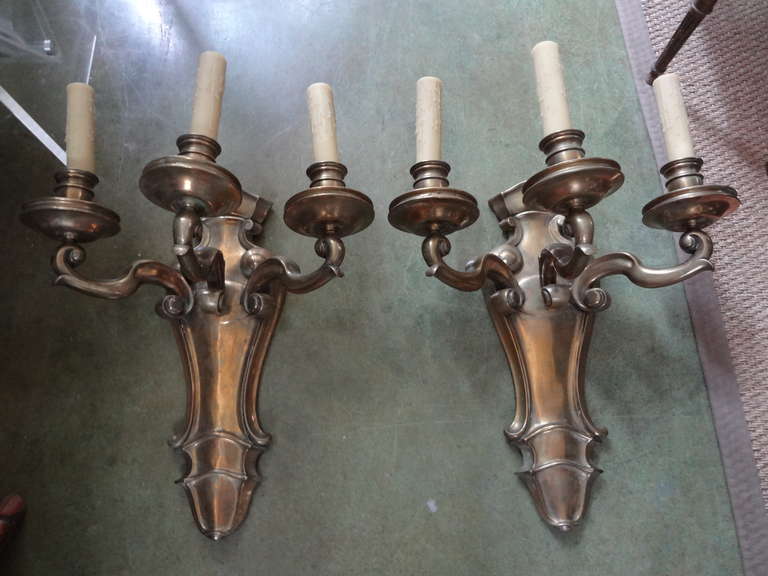 Monumental Pair French Louis XVI Style Bronze Sconces Maison Bagues Attributed In Good Condition For Sale In Houston, TX