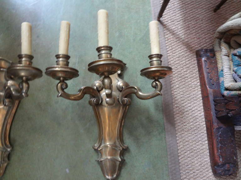 Mid-20th Century Monumental Pair French Louis XVI Style Bronze Sconces Maison Bagues Attributed For Sale