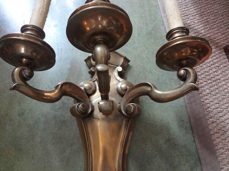 Monumental Pair French Louis XVI Style Bronze Sconces Maison Bagues Attributed For Sale 1