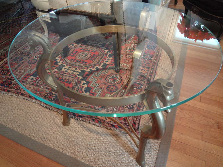 Hollywood Regency Round Italian Brass Table with Seahorse Supports and Glass Top