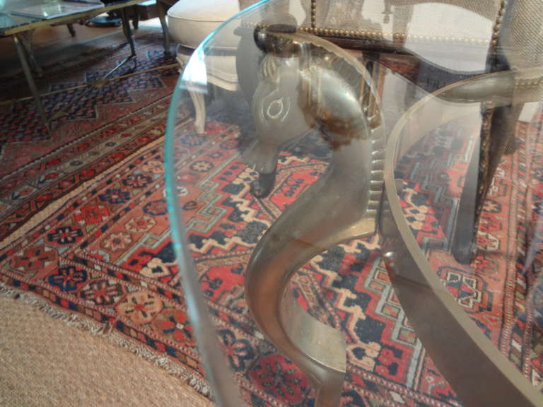 Round Italian Brass Table with Seahorse Supports and Glass Top In Good Condition In Houston, TX