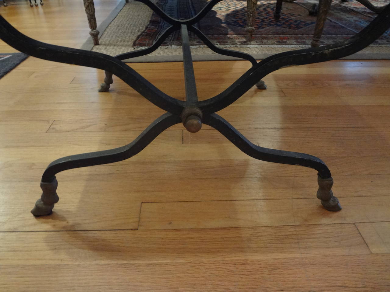 Italian Patinated Iron Bench with Brass Ram's Head Design In Good Condition In Houston, TX