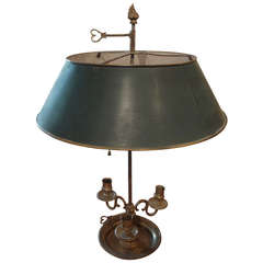 Antique French Bronze Bouillotte Lamp with Tole Shade