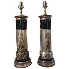 Pair of Italian Neoclassical Fornasetti Style Églomisé Lamps 7