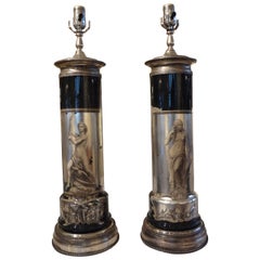 Pair of Italian Neoclassical Fornasetti Style Églomisé Lamps 