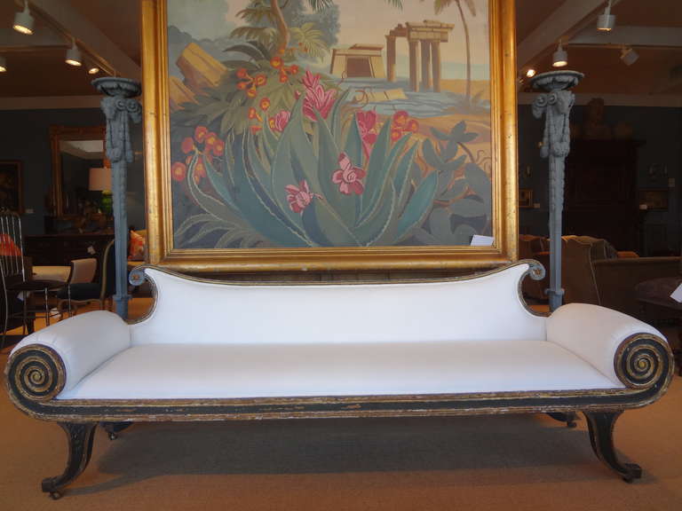 Elegant Period Federal Painted And Gilt Wood Canape/Bench,  Newly Upholstered