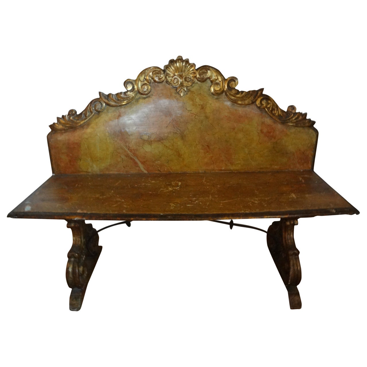 18th Century Venetian Painted and Gilt Wood Bench With Iron Stretcher
