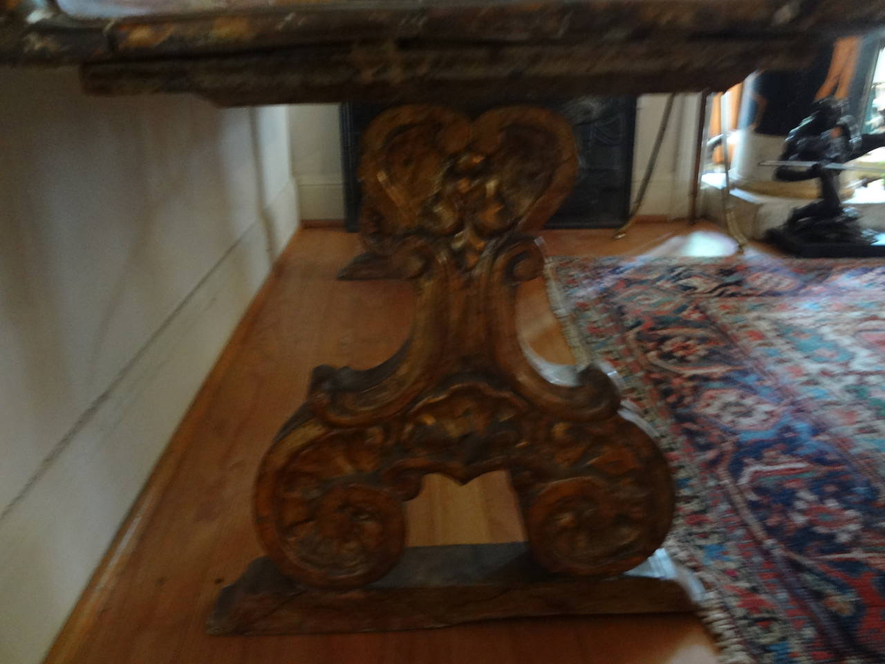 Baroque 18th Century Venetian Painted and Gilt Wood Bench With Iron Stretcher