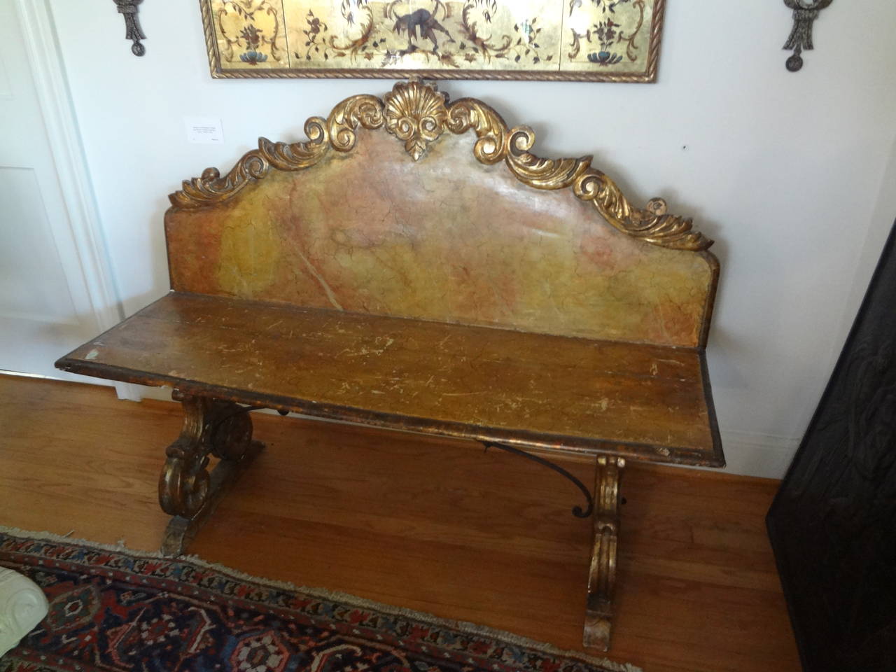 18th Century Venetian Painted and Gilt Wood Bench With Iron Stretcher 2