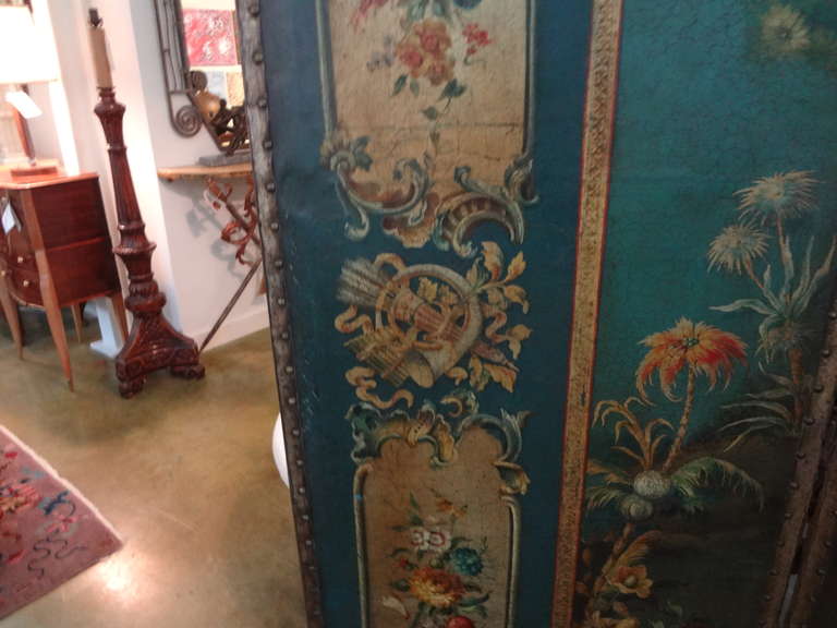 Antique Italian 4 Panel Leather Screen Or Room Divider With Chinoiserie Design In Good Condition In Houston, TX