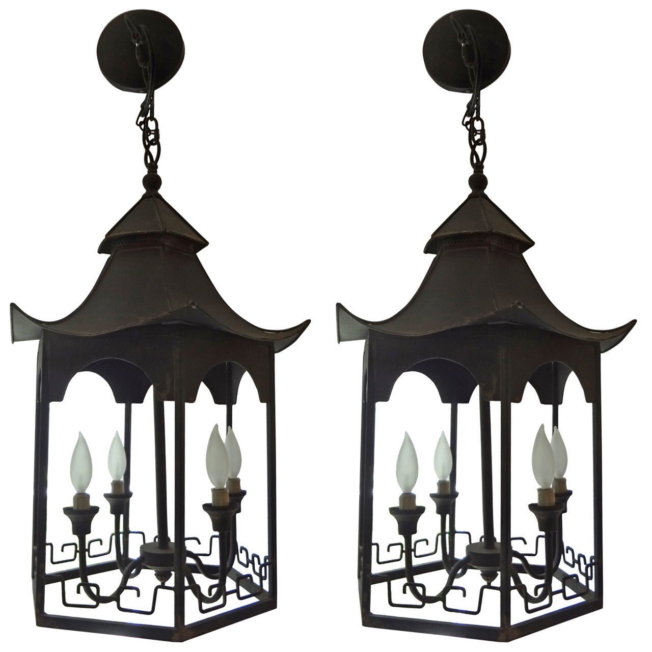 Pair of Pagoda Shape Iron Lanterns