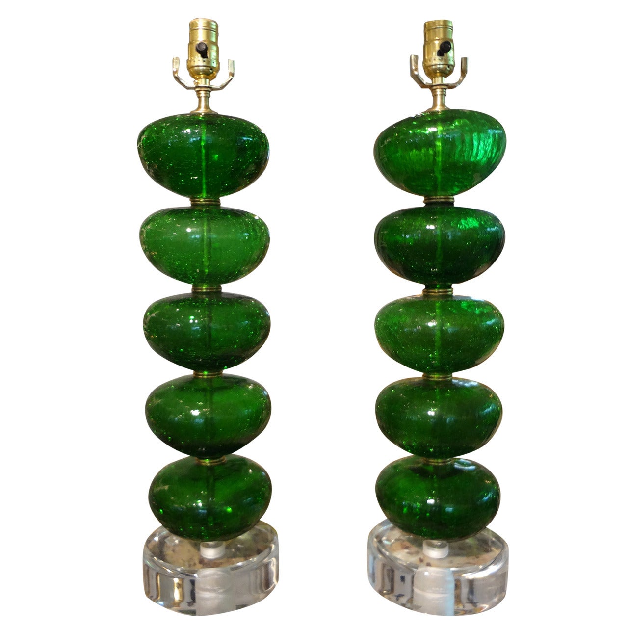 Pair Of Italian Mid Century Modern Green Murano Glass Lamps
