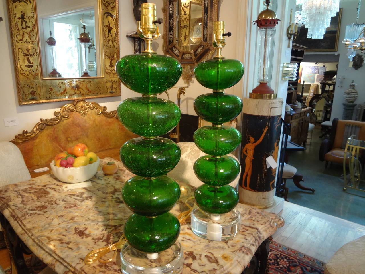 Mid-Century Modern Pair Of Italian Mid Century Modern Green Murano Glass Lamps