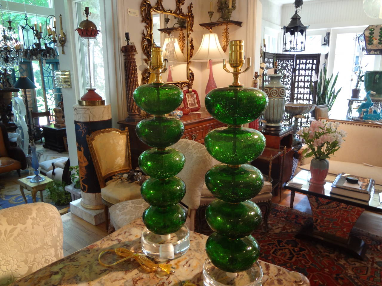 Pair Of Italian Mid Century Modern Green Murano Glass Lamps In Excellent Condition In Houston, TX