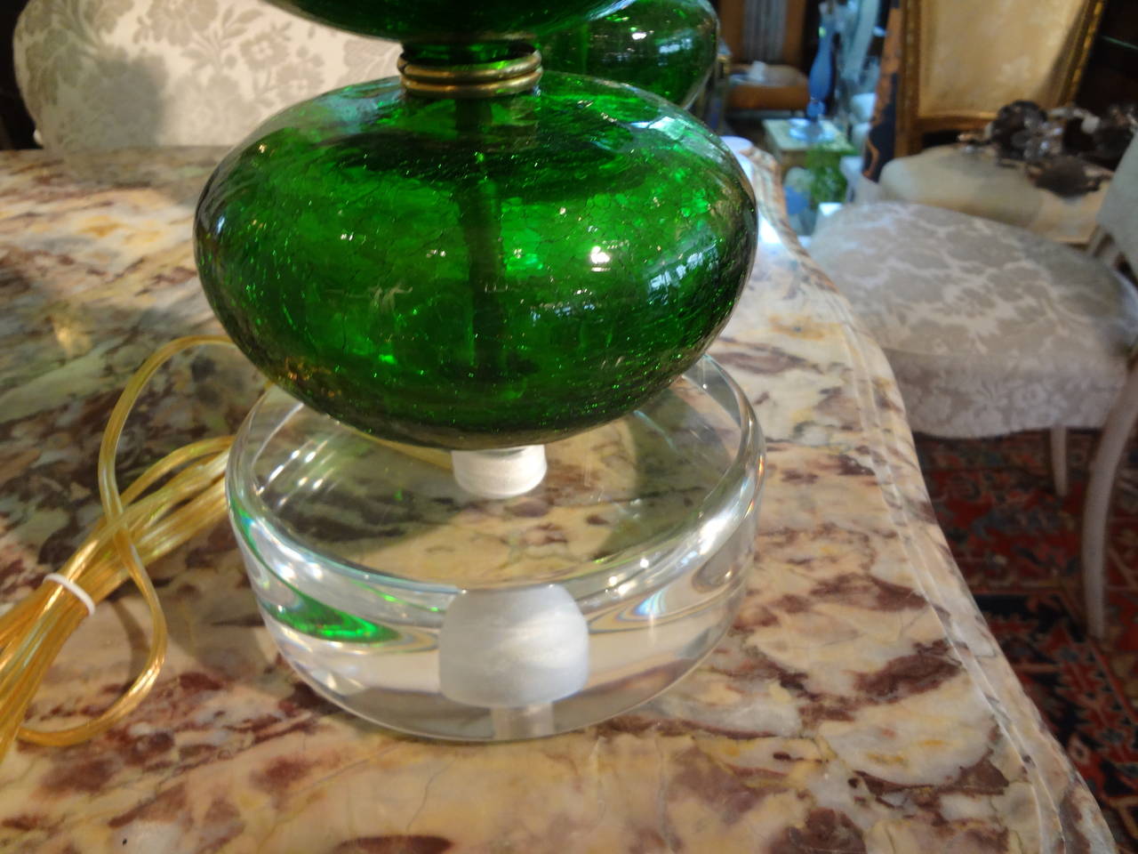 Pair Of Italian Mid Century Modern Green Murano Glass Lamps 1