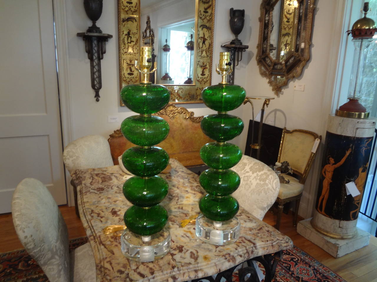Pair Of Italian Mid Century Modern Green Murano Glass Lamps 2