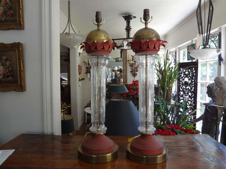 Dramatic pair of Italian Post-Modern glass, brass and tole lamps, newly wired for U.S. market.

 

    