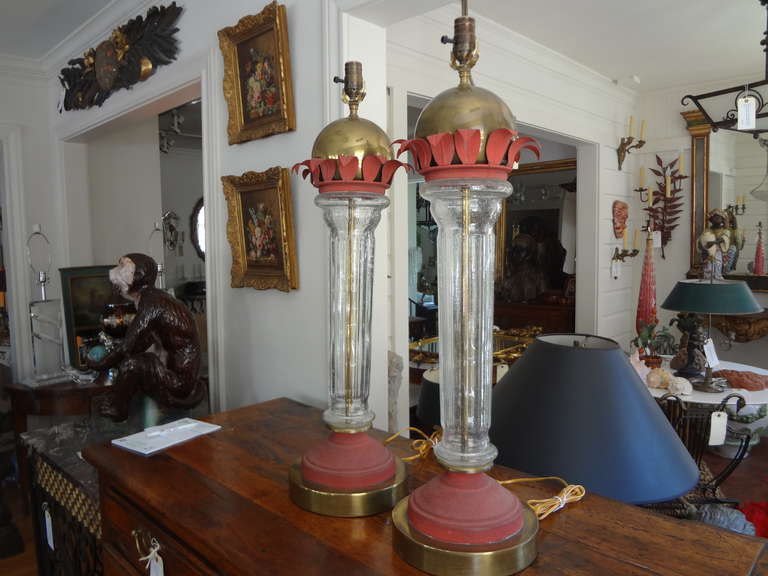 20th Century Tall Pair Of Mid Century Modern Italian Glass, Brass And Tole Lamps