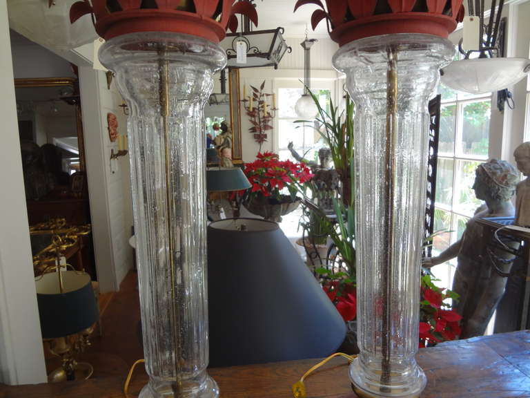 Tall Pair Of Mid Century Modern Italian Glass, Brass And Tole Lamps 1