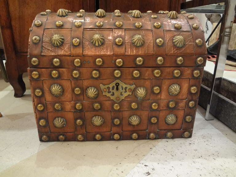 19th Century Moroccan/Middle Eastern Copper Clad Wood Coffer/Trunk/Chest With Brass Nailhead Trim Retaining The Original Key.