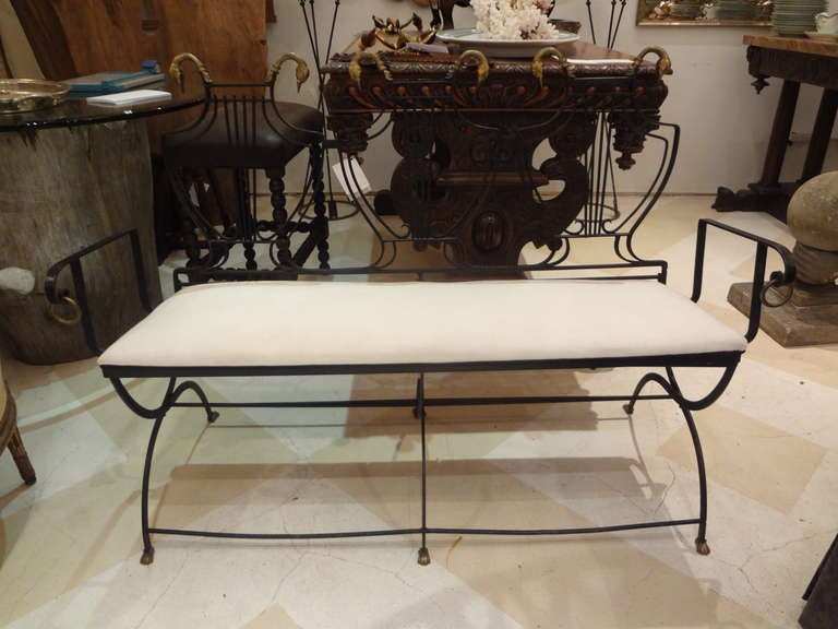 Vintage Italian wrought iron bench/loveseat with brass trim.
Perfect for an Indoor Garden Room or Outdoor Patio.

Please click KIRBY ANTIQUES logo below to view additional pieces from our vast inventory.