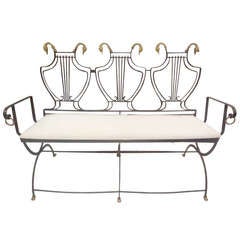 Retro Italian Neoclassical Wrought Iron and Brass Bench