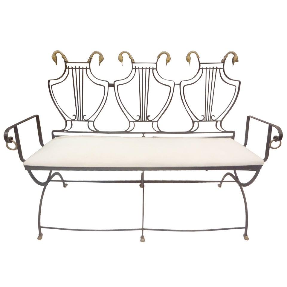 Italian Neoclassical Wrought Iron and Brass Bench