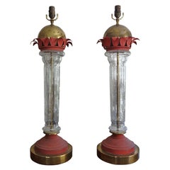 Tall Pair Of Mid Century Modern Italian Glass, Brass And Tole Lamps