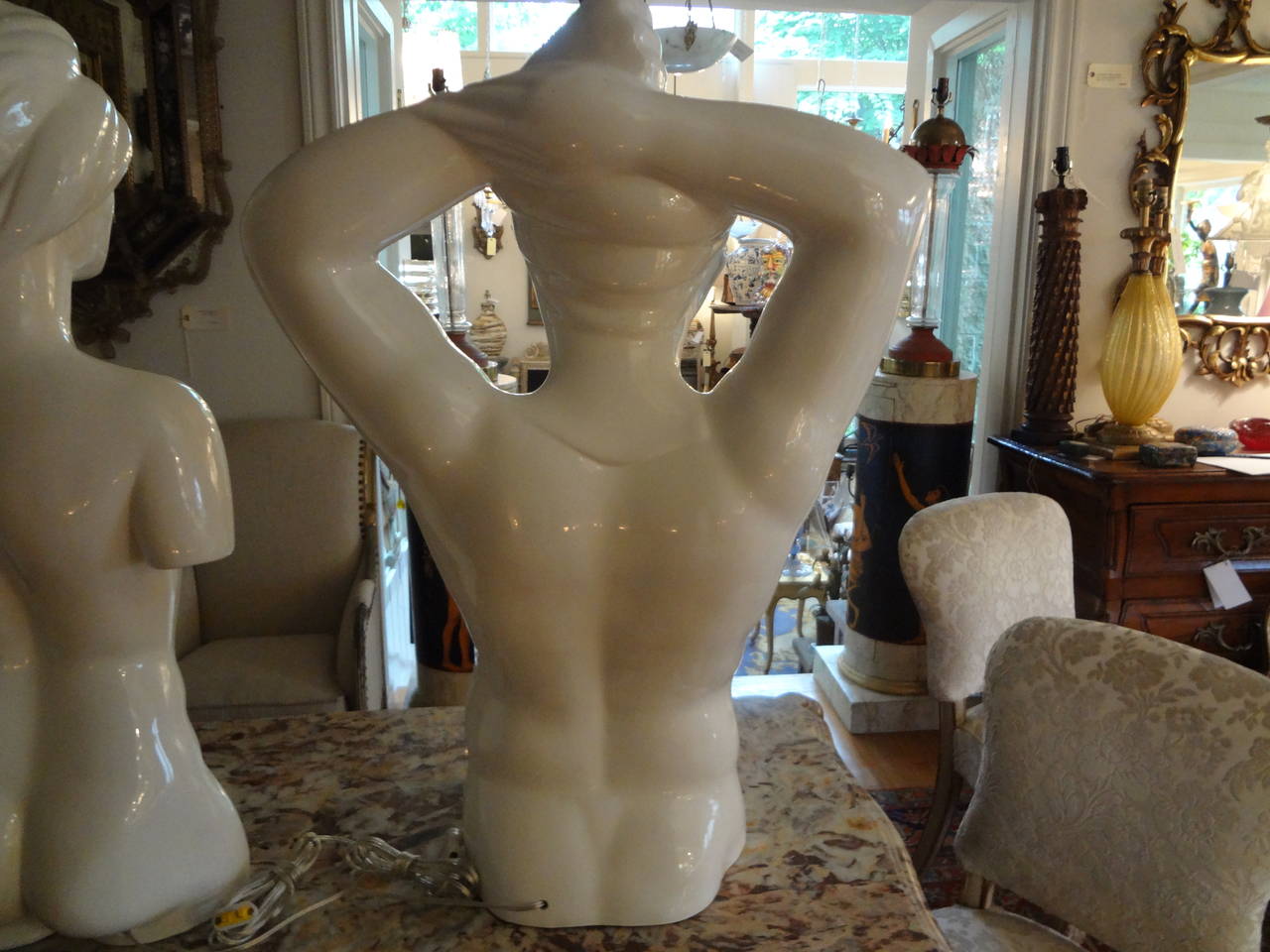 Pair of Italian Hollywood Regency Pottery Torso Lamps In Good Condition In Houston, TX