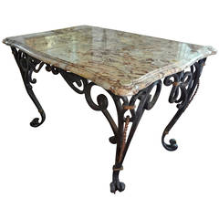Poillerat Inspired French Rectangular Wrought Iron Center Table With Marble Top
