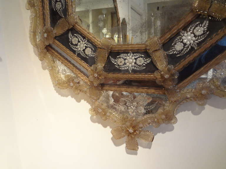 Baroque Antique Venetian Glass Octagonal Mirror