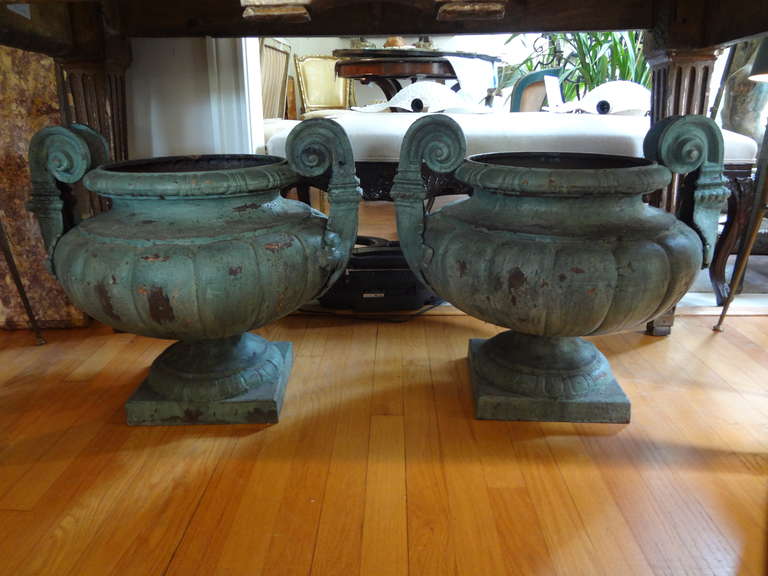Greco Roman Large Pair Of Antique French Grecian Style Iron Urns