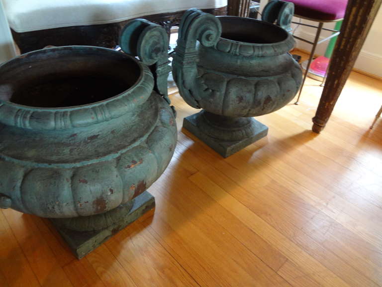 Large Pair Of Antique French Grecian Style Iron Urns 1