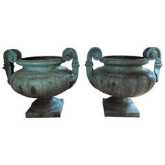 Large Pair Of Antique French Grecian Style Iron Urns