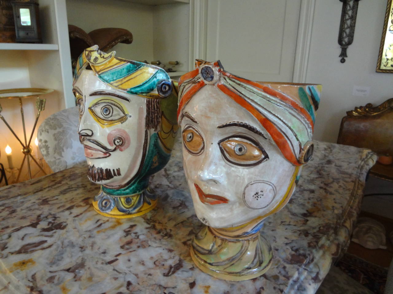 Pair of Italian Mid-Century Faience Bust Jardinieres