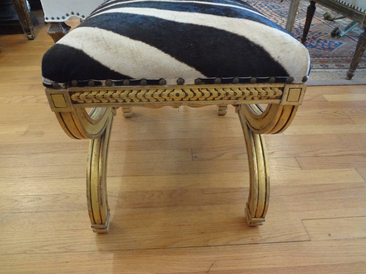 20th Century French Louis XVI Style Gilt Wood Stool Upholstered In Zebra Hide