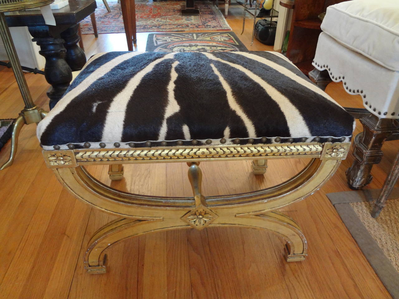 French Louis XVI Style Gilt Wood Stool Upholstered In Zebra Hide 1