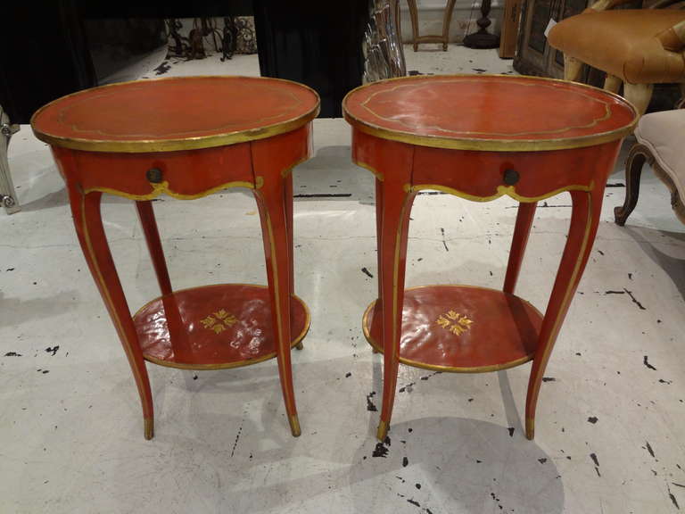 Stylish Pair Of Italian Painted Gueridons With Gilt Trim and Single Drawer