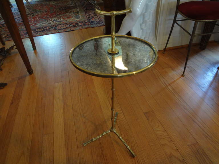 French Faux Bamboo Bronze Tripod Table With Mirrored Top