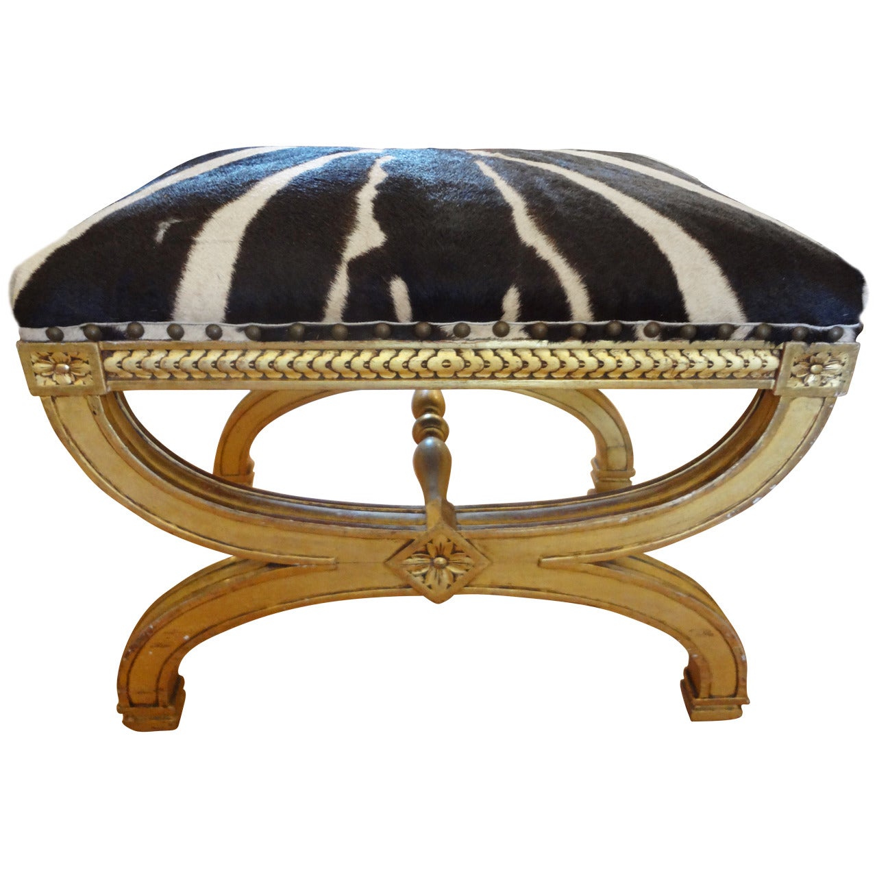 French Louis XVI Style Gilt Wood Stool Upholstered In Zebra Hide