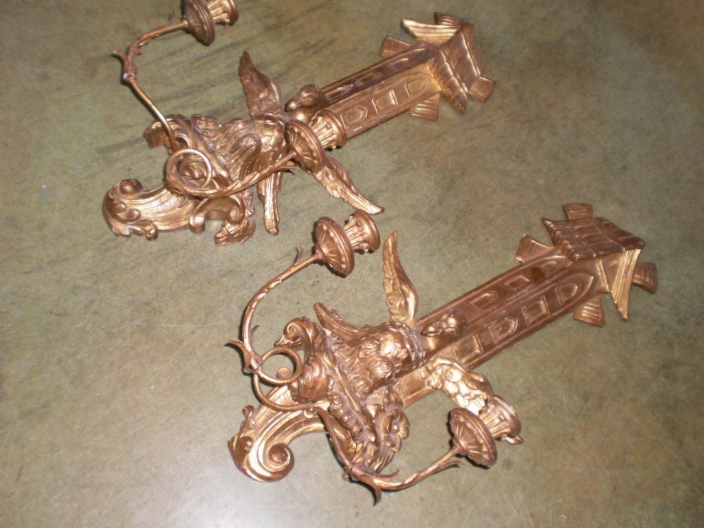 Unknown Pair of Large Antique Giltwood Sconces For Sale