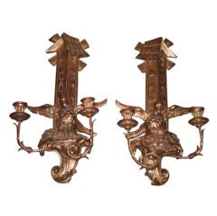 Pair Of Large Antique Continental Gilt Wood Two Light Candle Sconces 24" H