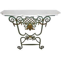 Stylish French 1940's Wrought Iron Console Table With Marble Top