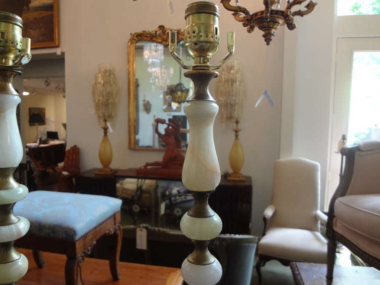 Tall Pair of Italian Hollywood Regency Onyx Table Lamps In Good Condition In Houston, TX